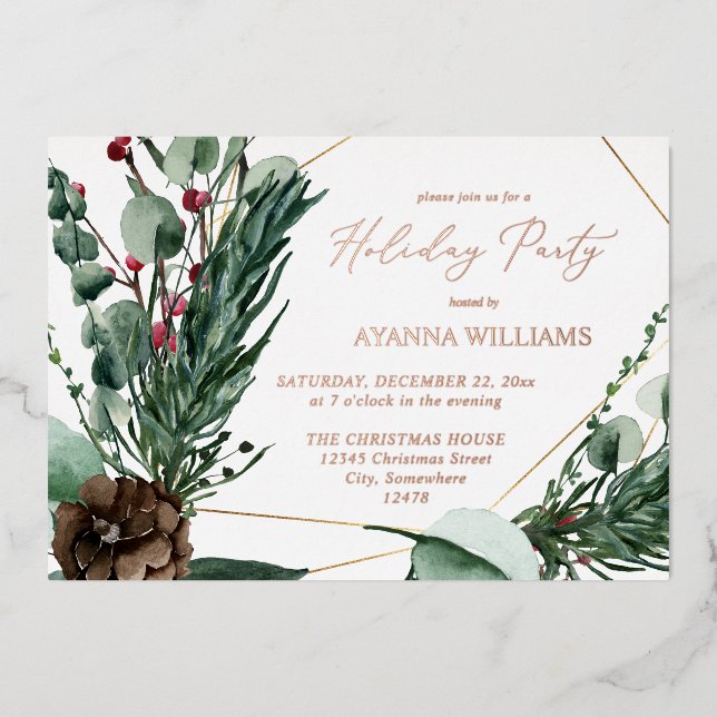 Winter Berries & Pine Greenery Holiday Party Foil Invitation (Front)