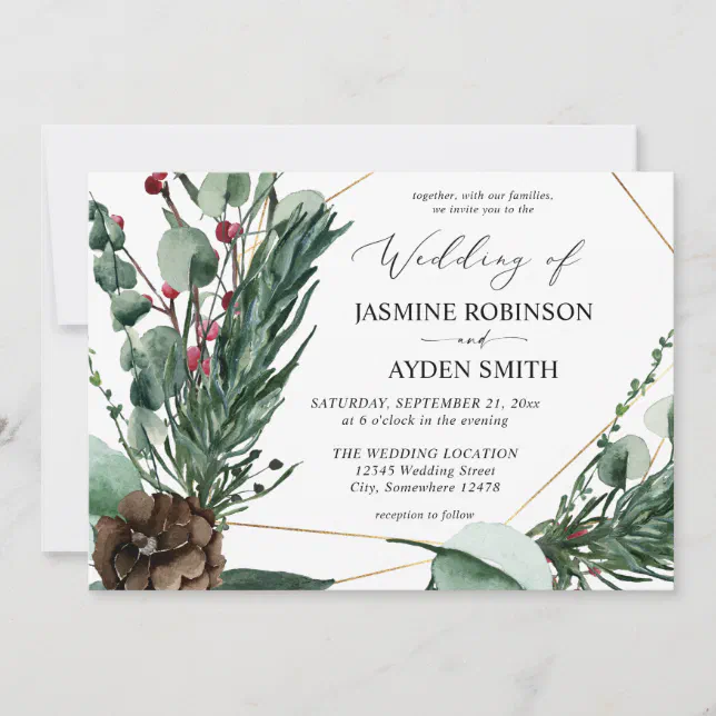 Winter Berries & Pine Greenery Wedding 2 Invitation | Zazzle