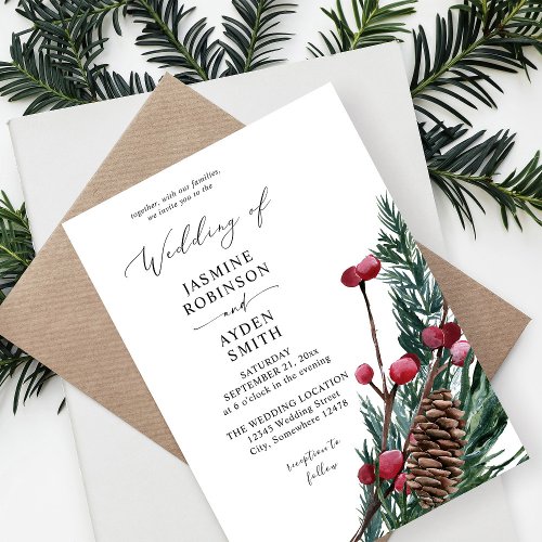 Winter Berries  Pine Greenery Wedding  Invitation