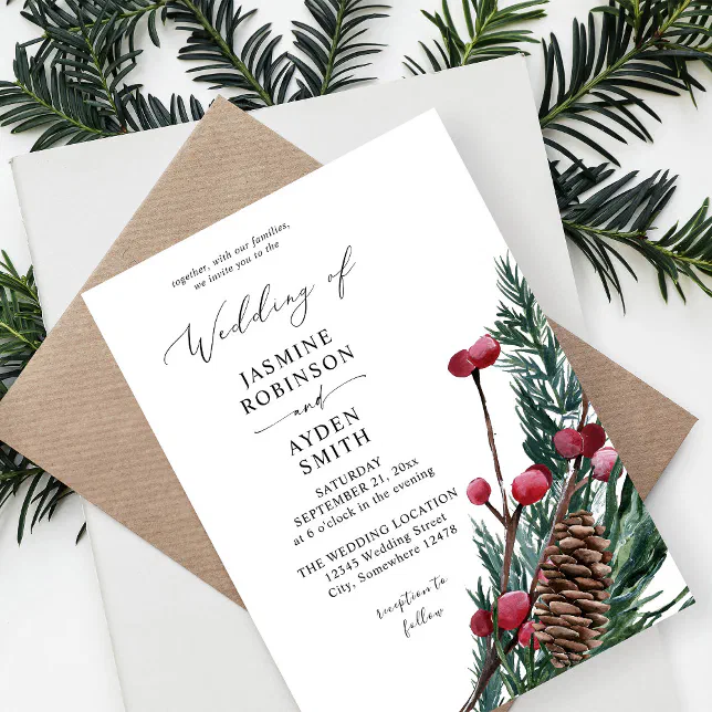 Winter Berries & Pine Greenery Wedding Invitation | Zazzle