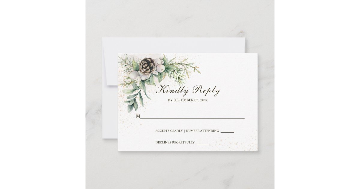 Winter Berries Pine Greenery Wedding RSVP Card | Zazzle