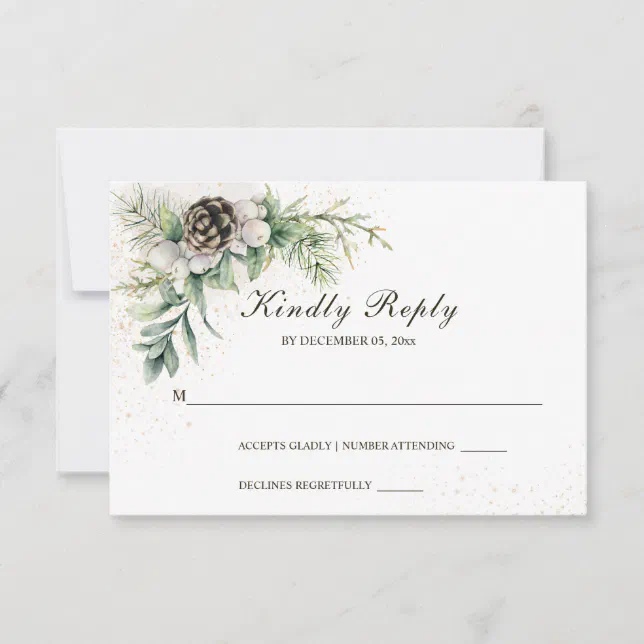 Winter Berries Pine Greenery Wedding RSVP Card | Zazzle