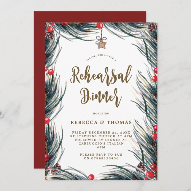 winter berries pine rehearsal dinner invitation (Front/Back)