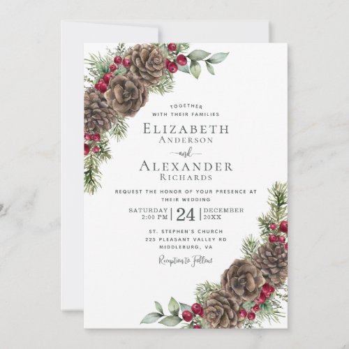 Winter Berries Pine Watercolor Christmas Wedding Invitation