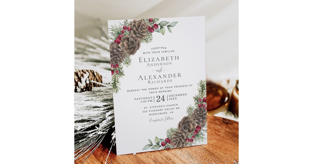 Winter Berries Pine Watercolor Christmas Wedding Invitation | Zazzle