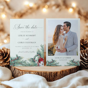 Winter Berries & Pine Watercolor Greenery Photo Save The Date