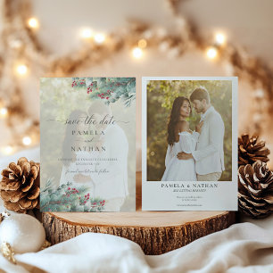 Winter Berries & Pine Watercolor Greenery Photo Save The Date