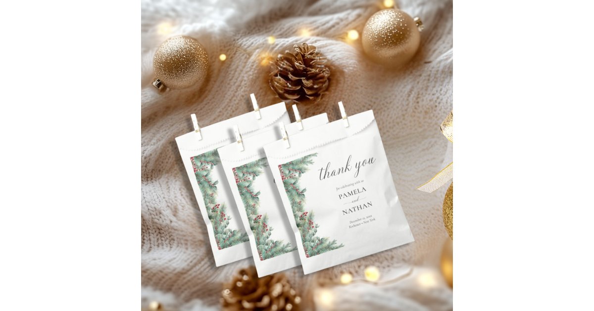 Winter Berries & Pine Watercolor Greenery Wedding Favor Bag | Zazzle