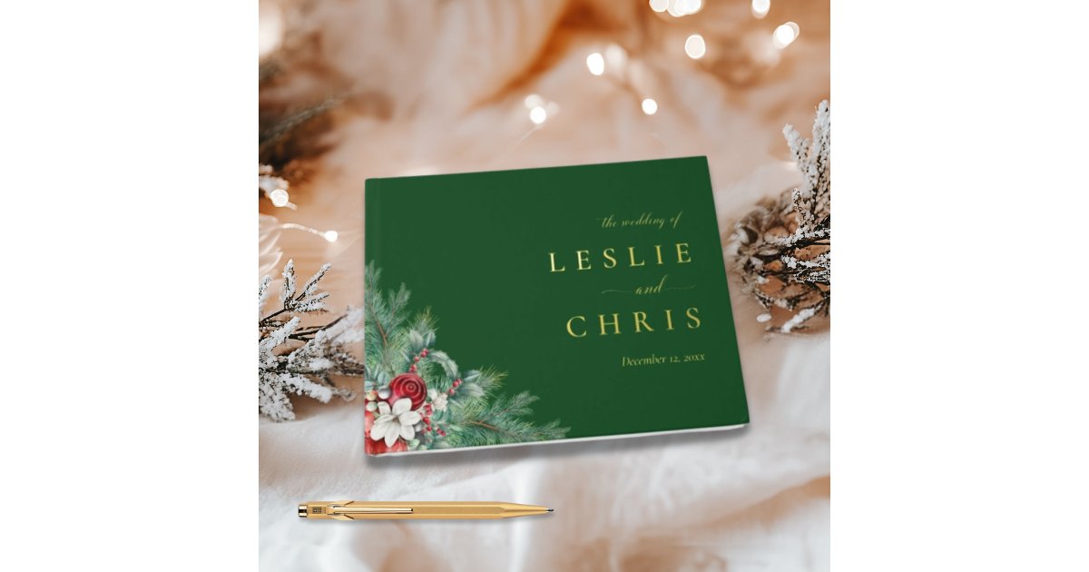 Winter Berries & Pine Watercolor Greenery Wedding Foil Guest Book | Zazzle