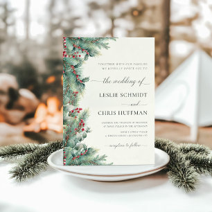 Winter Berries & Pine Watercolor Greenery Wedding Invitation