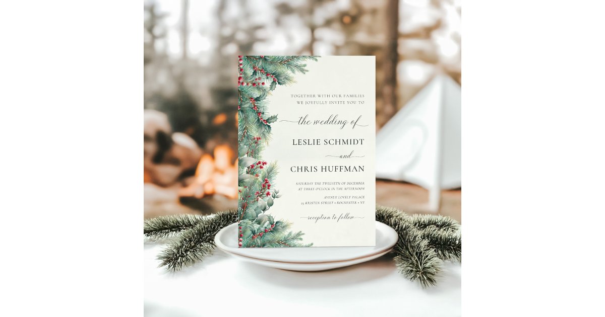 Winter Berries & Pine Watercolor Greenery Wedding Invitation | Zazzle