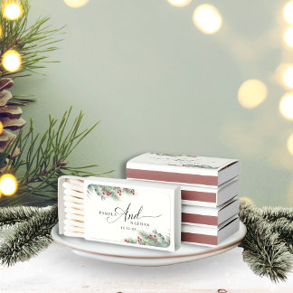 Winter Berries & Pine Watercolor Greenery Wedding Matchboxes