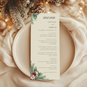 Winter Berries & Pine Watercolor Greenery Wedding Menu
