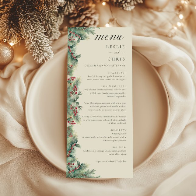 Winter Berries & Pine Watercolor Greenery Wedding Menu (Creator Uploaded)
