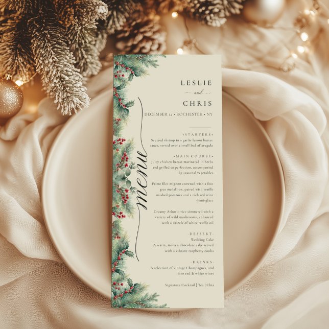 Winter Berries & Pine Watercolor Greenery Wedding Menu (Creator Uploaded)