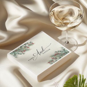 Winter Berries & Pine Watercolor Greenery Wedding Napkins