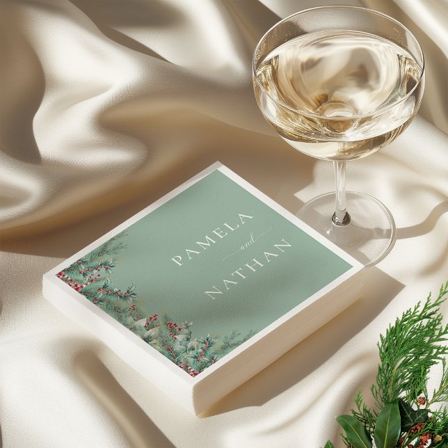 Winter Berries & Pine Watercolor Greenery Wedding  Napkins (Creator Uploaded)