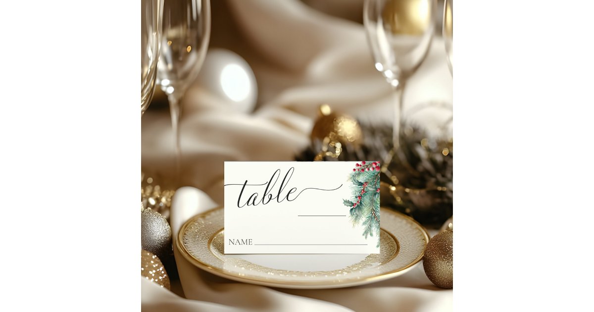 Winter Berries & Pine Watercolor Greenery Wedding Place Card | Zazzle