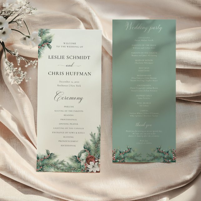 Winter Berries & Pine Watercolor Greenery Wedding  Program (Creator Uploaded)