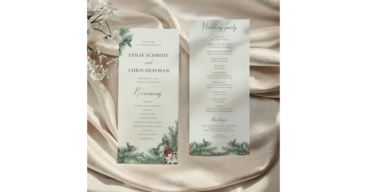 Winter Berries & Pine Watercolor Greenery Wedding Program | Zazzle
