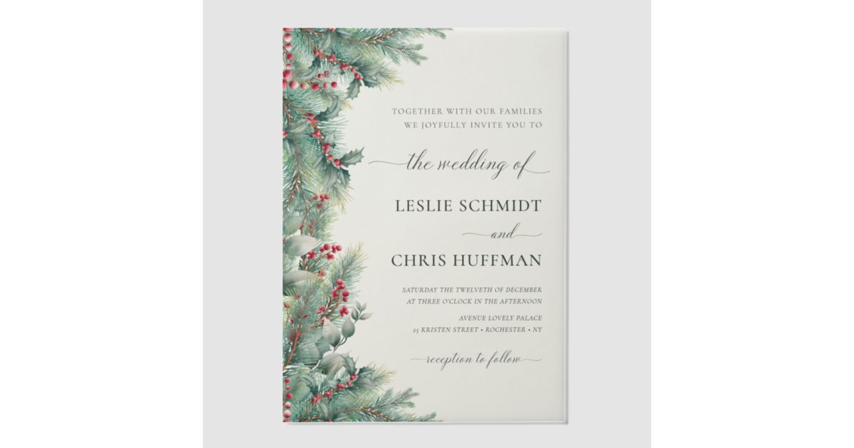 Winter Berries & Pine Watercolor Greenery Wedding Vellum Invitations ...