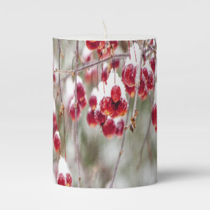 Winter Berries Red White Christmas Colors Snow Pillar Candle