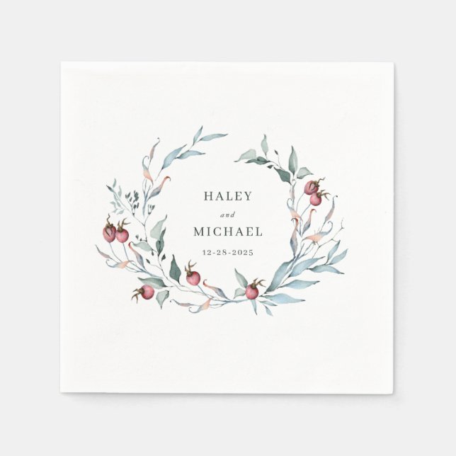 Winter Berries Rustic Botanical Wreath Wedding Napkins (Front)