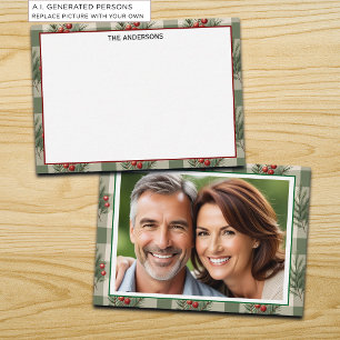 Winter Berries Sage Checkered Photo Note Card