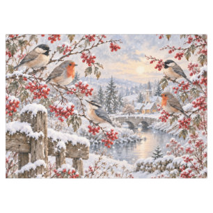 Winter Berries Snowy Village Birds Illustration Tablecloth