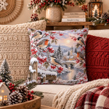 Winter Berries Snowy Village Birds Illustration