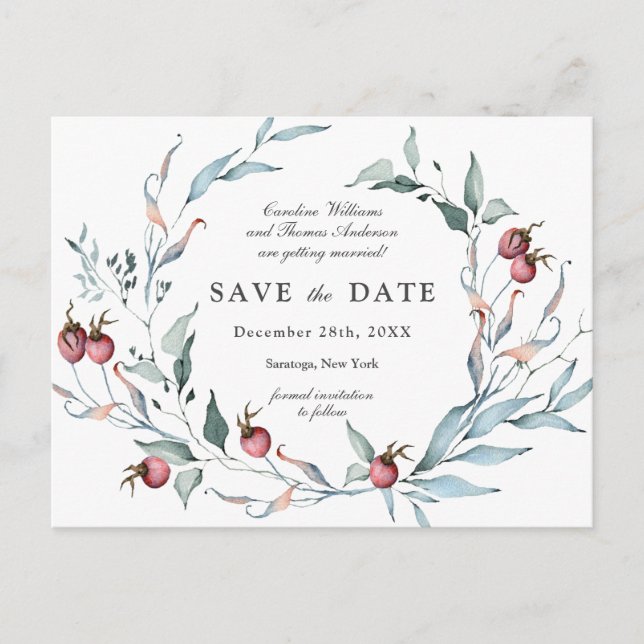 Winter Berries Watercolor Botanical Save the Date Postcard (Front)