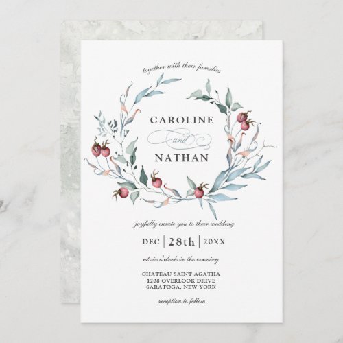 Winter Berries Watercolor Botanical Wreath Wedding Invitation