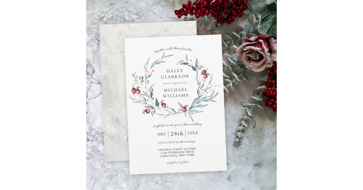 Winter Berries Watercolor Botanical Wreath Wedding Invitation | Zazzle