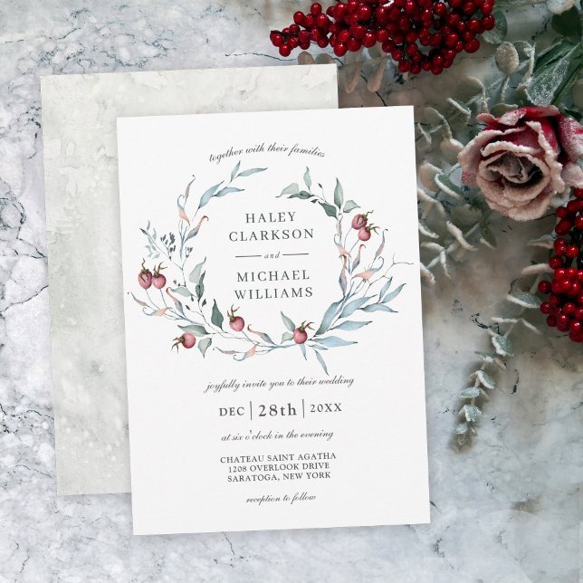 Winter Berries Watercolor Botanical Wreath Wedding Invitation (A lovely choice for winter weddings, available in printed or instant download formats!)