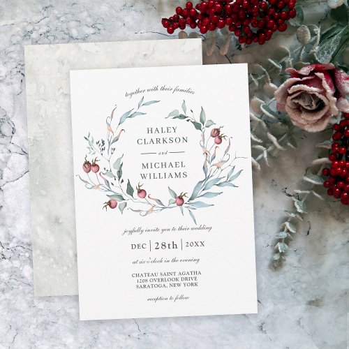 Winter Berries Watercolor Botanical Wreath Wedding Invitation