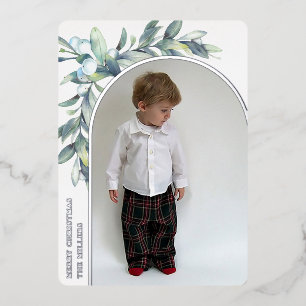 Winter Berries White Arched Photo Foil Holiday Card