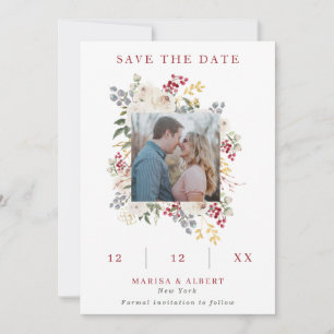 Winter Berries & White Roses Frame Photo Wedding Save The Date