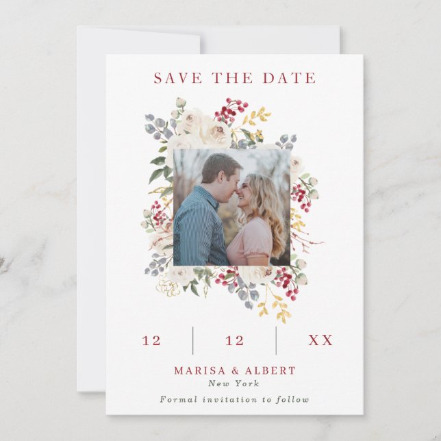 Winter Berries & White Roses Frame Photo Wedding Save The Date (Front)