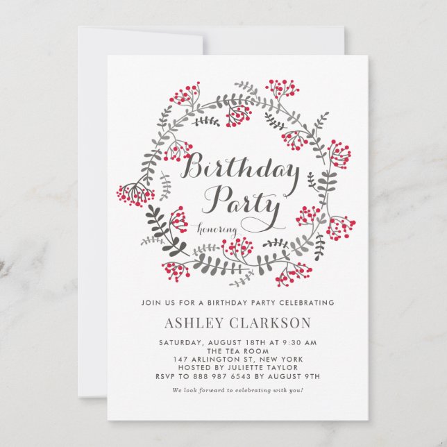 Winter Berries Wreath Birthday Party Invitation (Front)