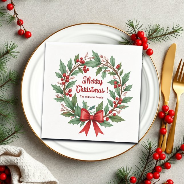 Winter Berries Wreath Red Bow Napkins (Creator Uploaded)