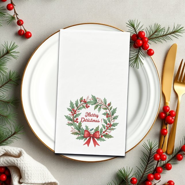 Winter Berries Wreath Red Bow Paper Guest Towels (Creator Uploaded)