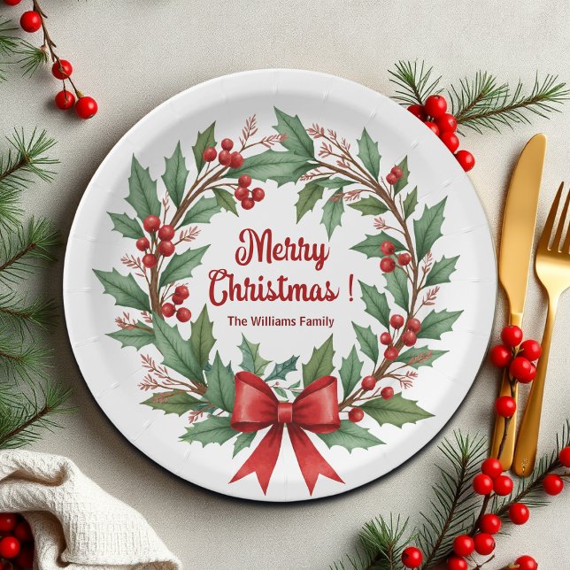 Winter Berries Wreath Red Bow Paper Plates (Creator Uploaded)
