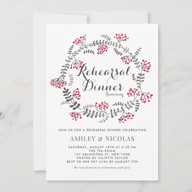Winter Berries Wreath Rehearsal Dinner Invitation (Front)