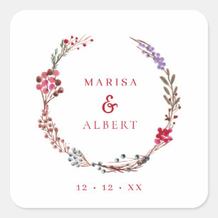 Winter Berries Wreath Wedding Square Sticker