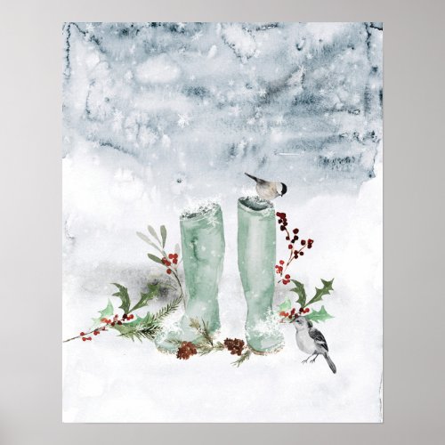 Winter Berry Birds and Snow Poster