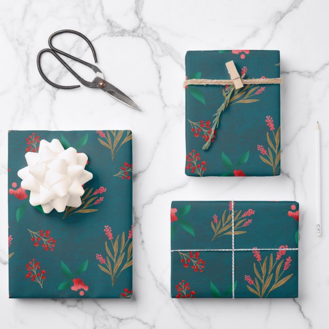 Winter berry- Blue Wrapping Paper Sheets (Front)