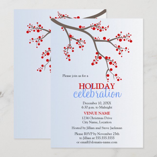 Winter Berry Branch Christmas Holiday Party Invitation (Front/Back)