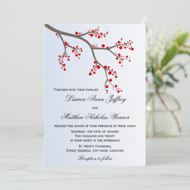 Winter Berry Branch Wedding Invitation (Standing Front)