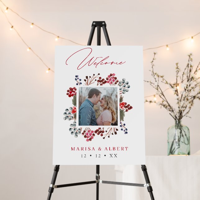 Winter Berry Christmas Photo Wedding Welcome Foam Board (In Situ (Stand))
