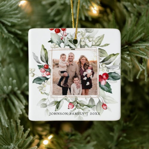 Winter Berry Family Photo Ceramic Ornament